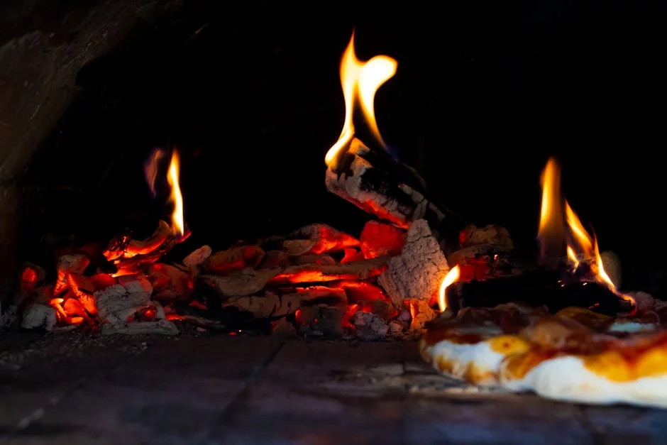 traditional wood fired pizza oven flames